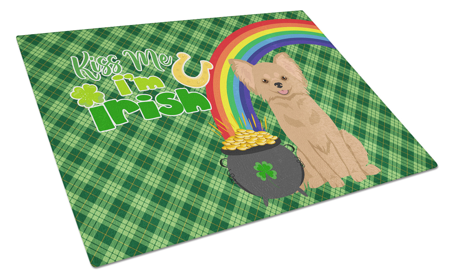 Longhaired Gold Chihuahua St. Patrick's Day Glass Cutting Board Decorative Tempered Glass Kitchen Cutting and Serving Board Large Size Chopping Board