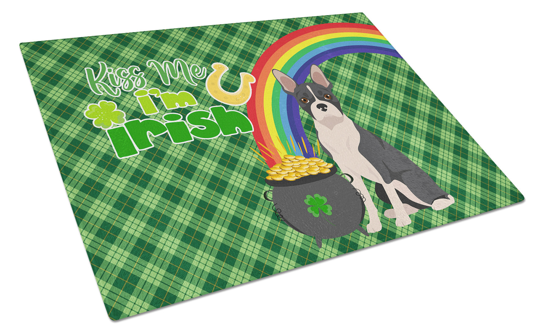 Black Boston Terrier St. Patrick's Day Glass Cutting Board Decorative Tempered Glass Kitchen Cutting and Serving Board Large Size Chopping Board