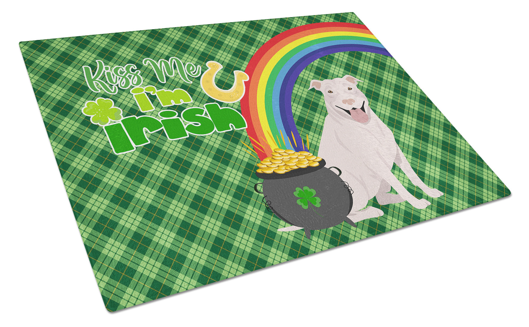 White Pit Bull Terrier St. Patrick's Day Glass Cutting Board Decorative Tempered Glass Kitchen Cutting and Serving Board Large Size Chopping Board