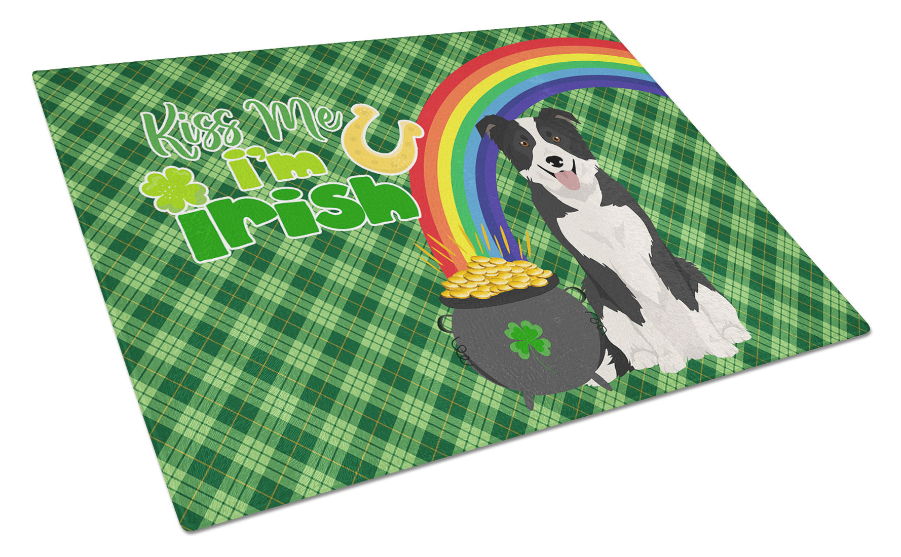 Black and White Border Collie St. Patrick's Day Glass Cutting Board Decorative Tempered Glass Kitchen Cutting and Serving Board Large Size Chopping Board