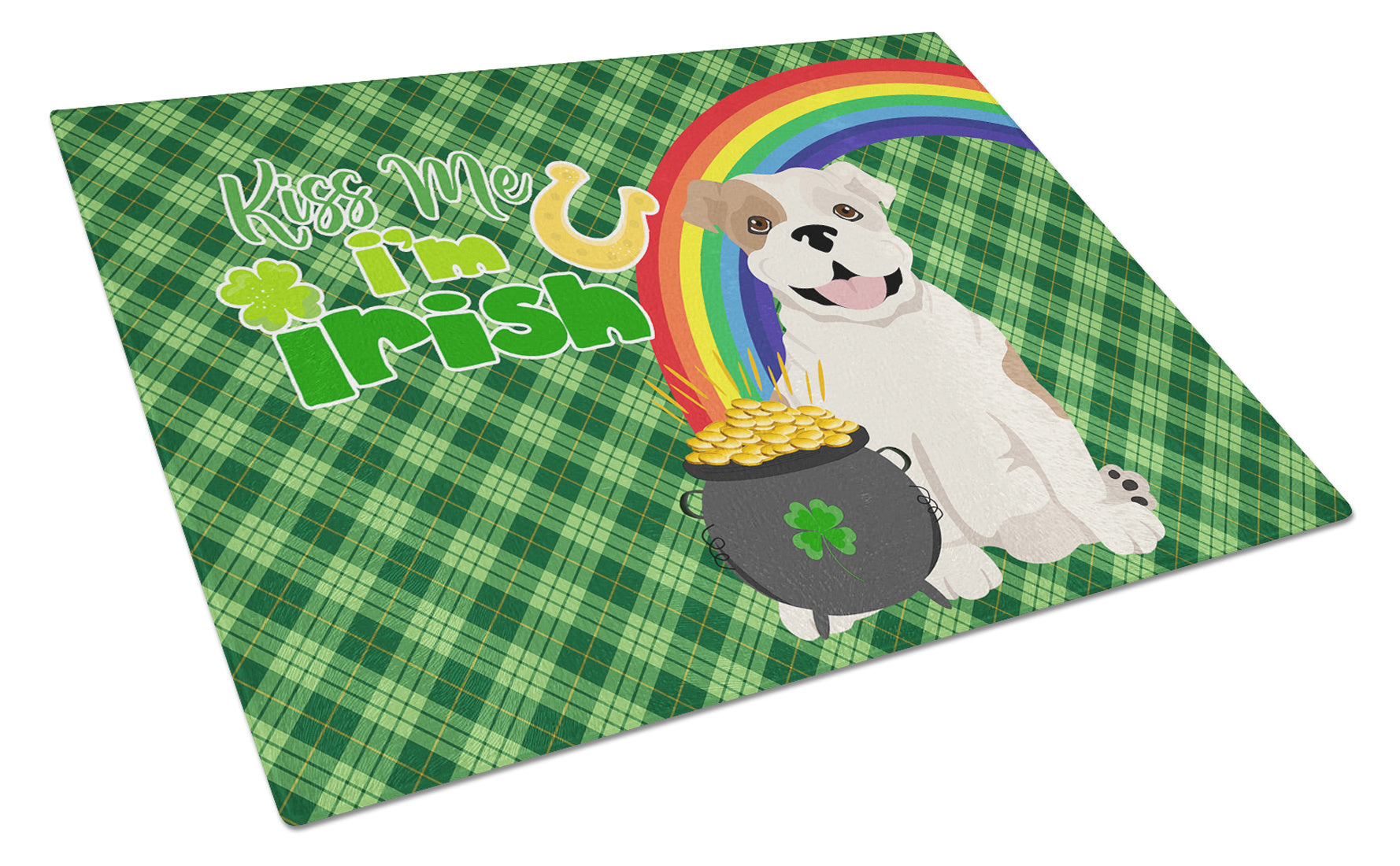 Piebald English Bulldog St. Patrick's Day Glass Cutting Board Decorative Tempered Glass Kitchen Cutting and Serving Board Large Size Chopping Board