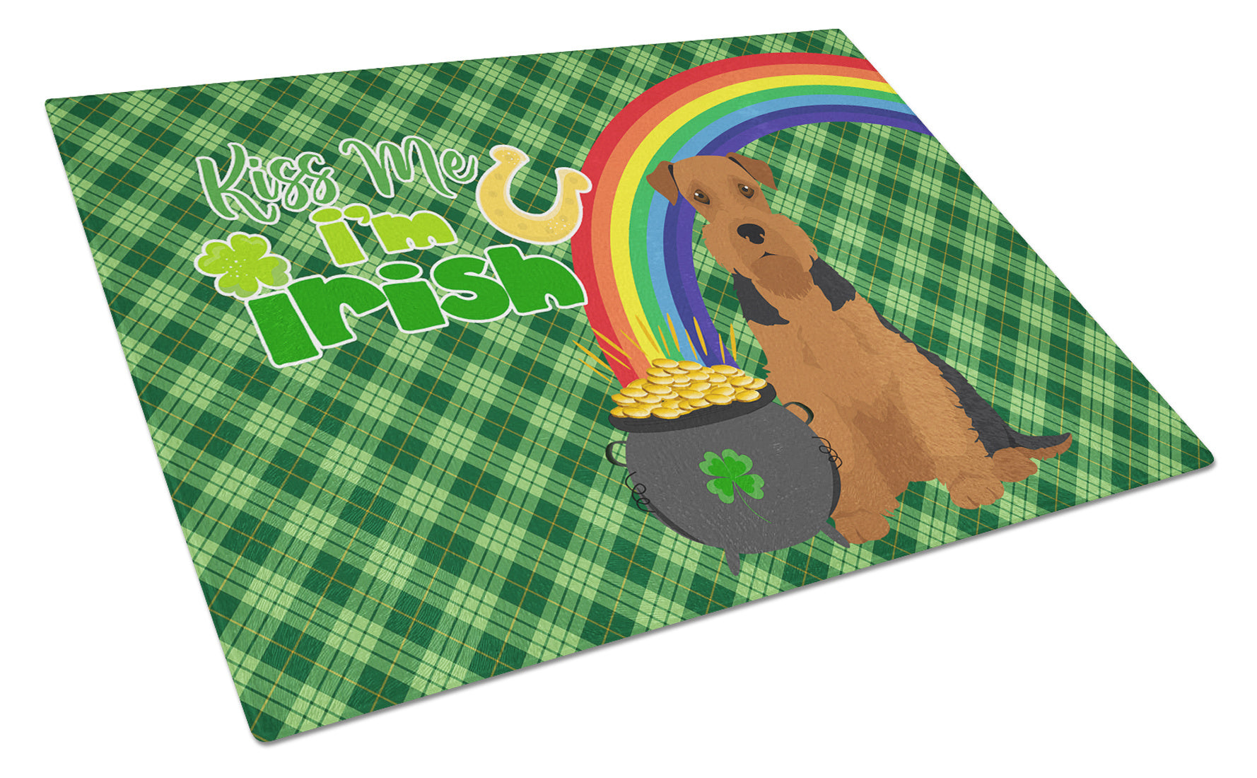 Black and Tan Airedale Terrier St. Patrick's Day Glass Cutting Board Decorative Tempered Glass Kitchen Cutting and Serving Board Large Size Chopping Board