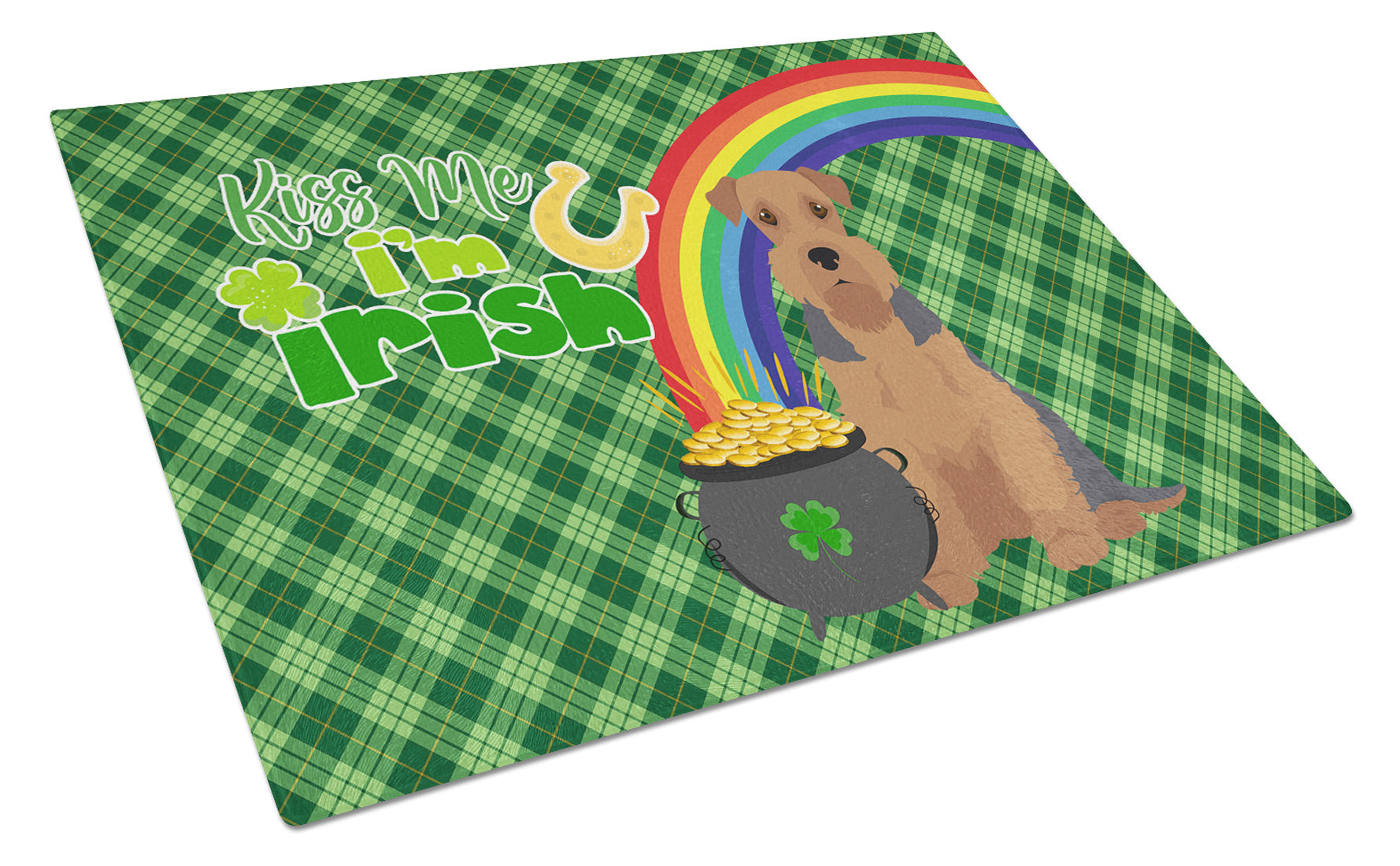 Grizzle and Tan Airedale Terrier St. Patrick's Day Glass Cutting Board Decorative Tempered Glass Kitchen Cutting and Serving Board Large Size Chopping Board