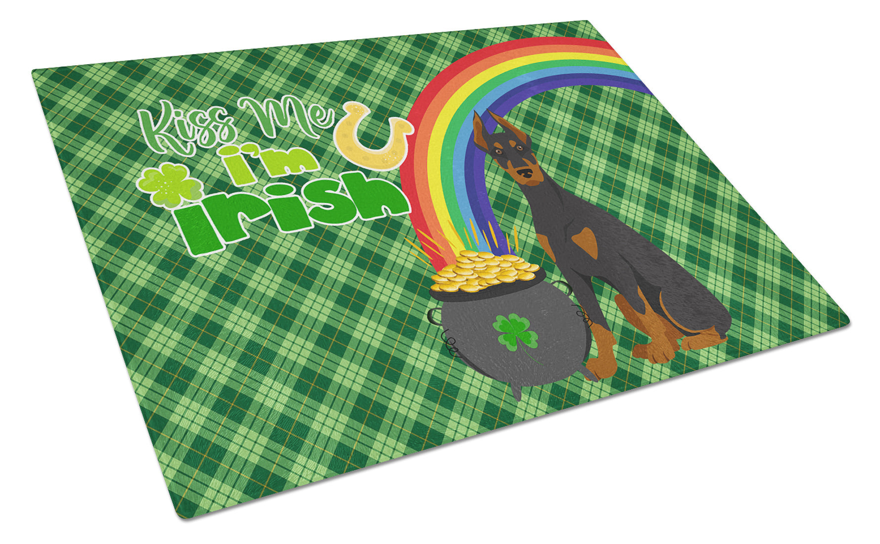 Black and Tan Doberman Pinscher St. Patrick's Day Glass Cutting Board Decorative Tempered Glass Kitchen Cutting and Serving Board Large Size Chopping Board