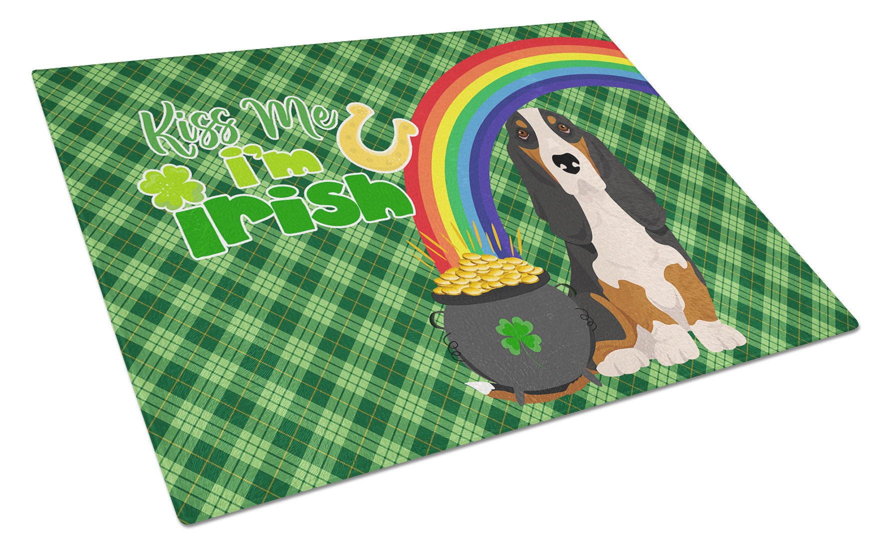 Black Tricolor Basset Hound St. Patrick's Day Glass Cutting Board Decorative Tempered Glass Kitchen Cutting and Serving Board Large Size Chopping Board