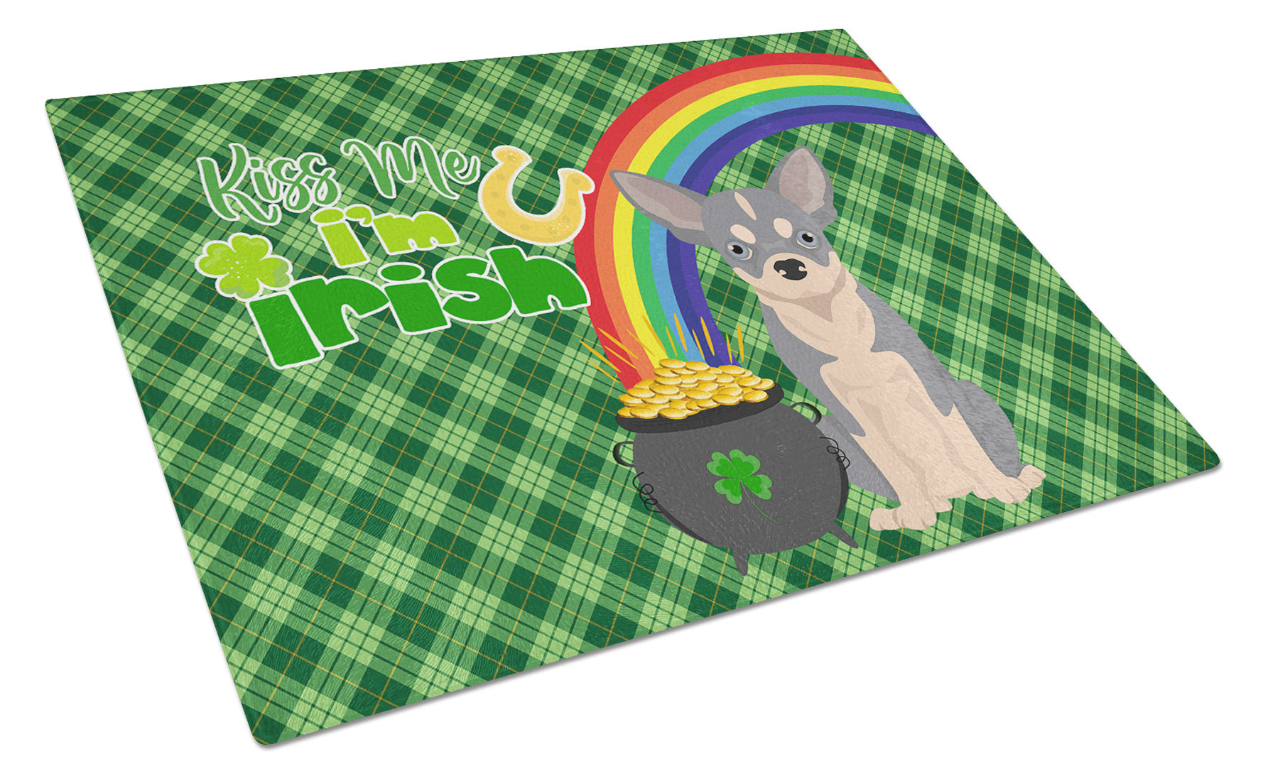 Blue and White Chihuahua St. Patrick's Day Glass Cutting Board Decorative Tempered Glass Kitchen Cutting and Serving Board Large Size Chopping Board