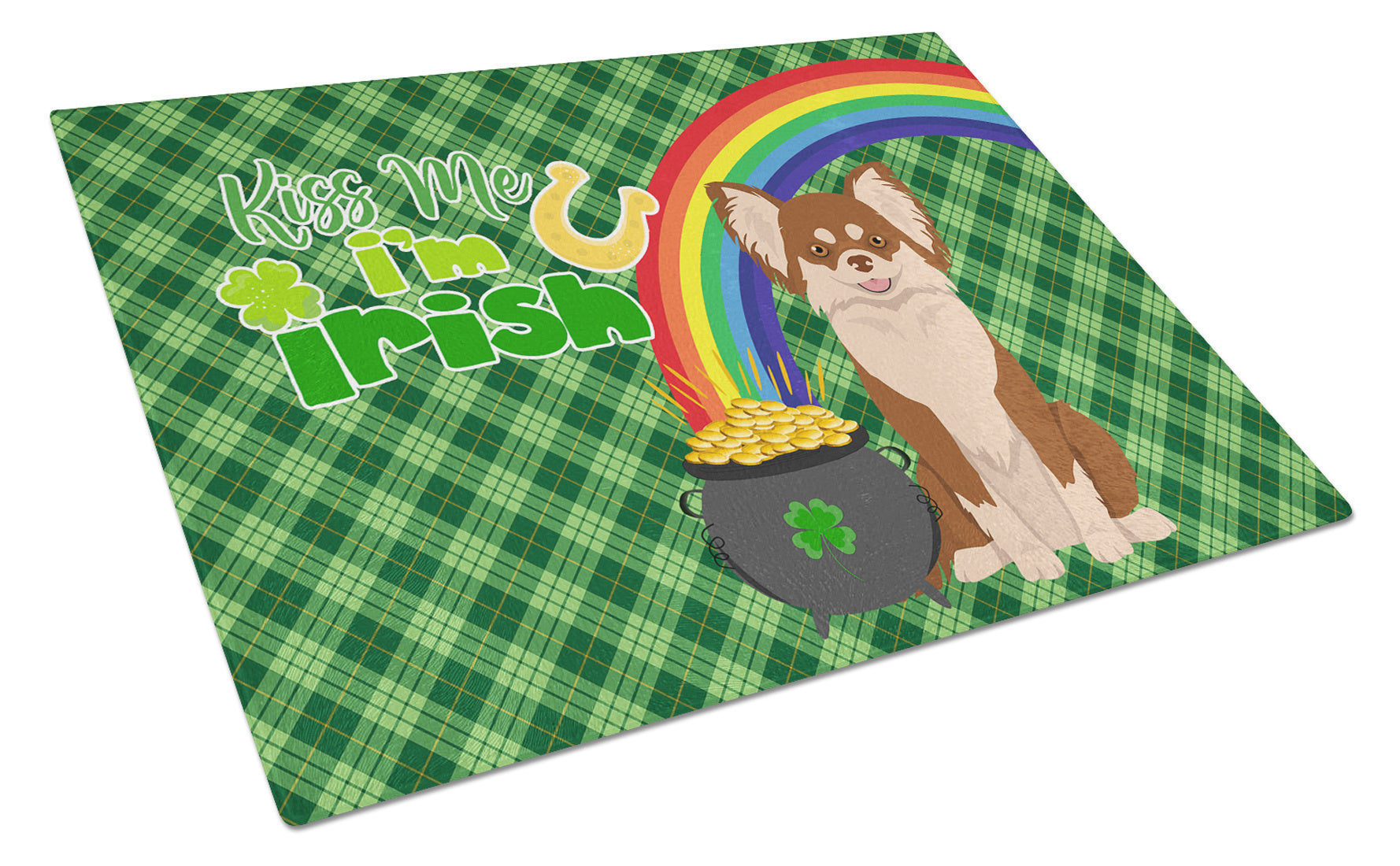 Longhaired Chocolate and White Chihuahua St. Patrick's Day Glass Cutting Board Decorative Tempered Glass Kitchen Cutting and Serving Board Large Size Chopping Board