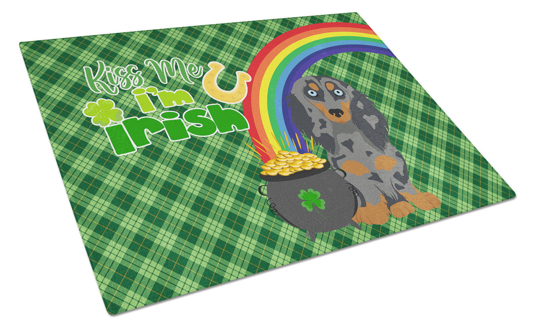 Longhair Blue and Tan Dapple Dachshund St. Patrick's Day Glass Cutting Board Decorative Tempered Glass Kitchen Cutting and Serving Board Large Size Chopping Board