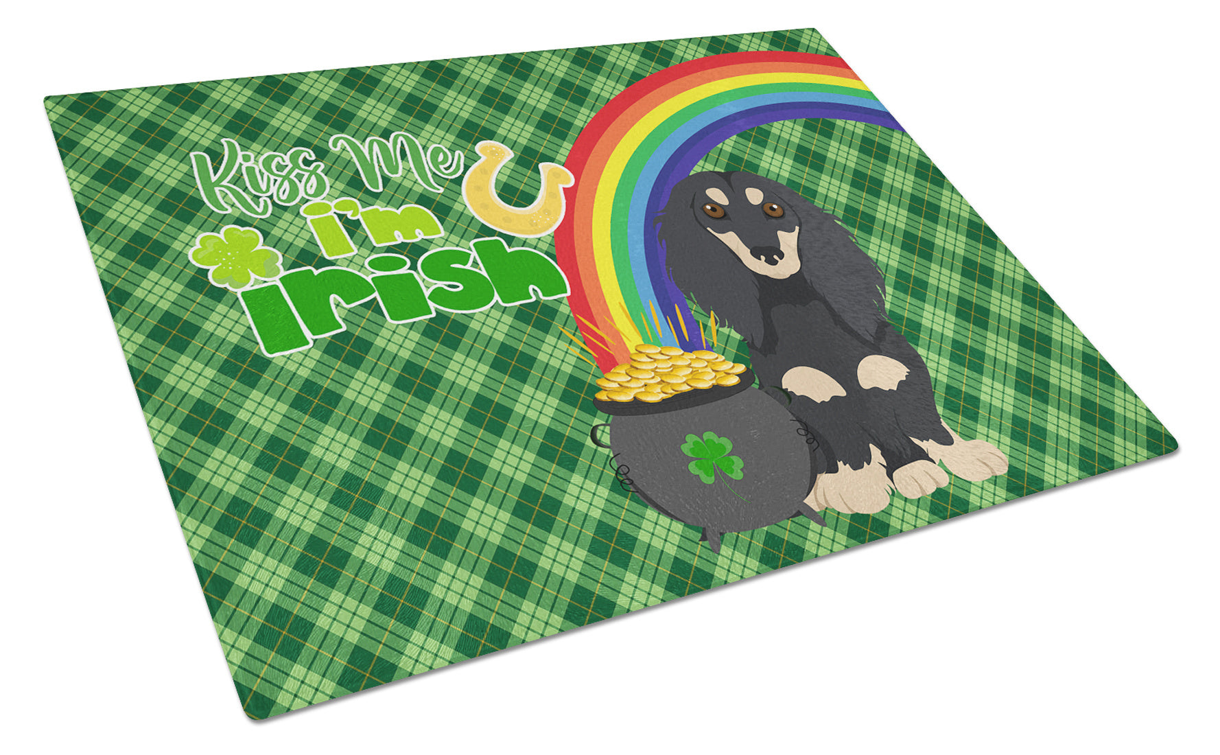 Longhair Black and Cream Dachshund St. Patrick's Day Glass Cutting Board Decorative Tempered Glass Kitchen Cutting and Serving Board Large Size Chopping Board