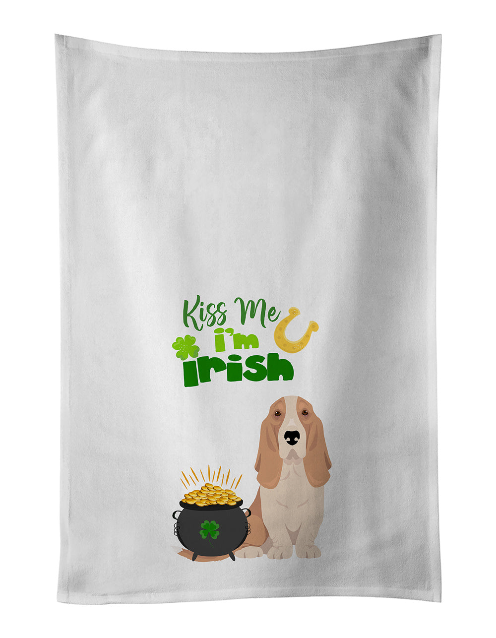 Lemon and White Tricolor Basset Hound St. Patrick's Day Kitchen Towel Set of 2 White Dish Towels Decorative Bathroom Hand towel for Hand, Face, Hair, Yoga, Tea, Dishcloth, 19 X 28", White