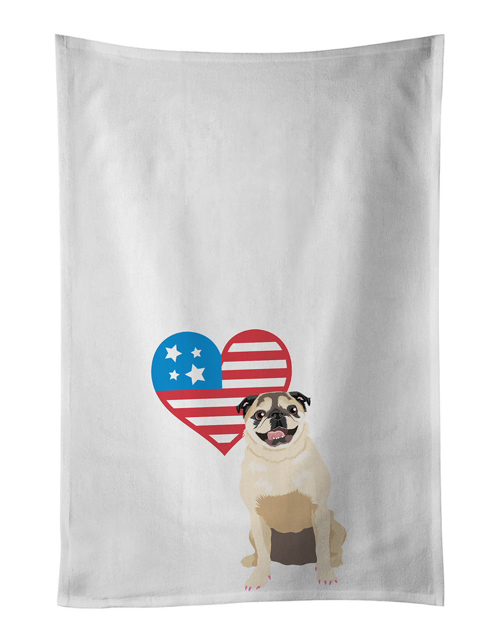 NEW Pug Fawn #5 Patriotic Kitchen Towel Set of 2 White Dish Towels Decorative Bathroom Hand towel for Hand, Face, Hair, Yoga, Tea, Dishcloth, 19 X 28", White