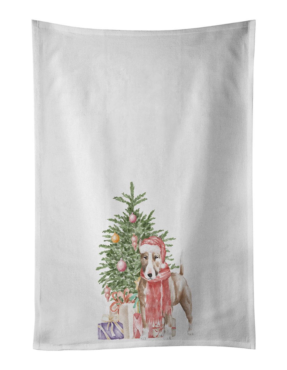 NEW Bull Terrier Red Christmas Presents and Tree Kitchen Towel Set of 2 White Dish Towels Decorative Bathroom Hand towel for Hand, Face, Hair, Yoga, Tea, Dishcloth, 19 X 28", White