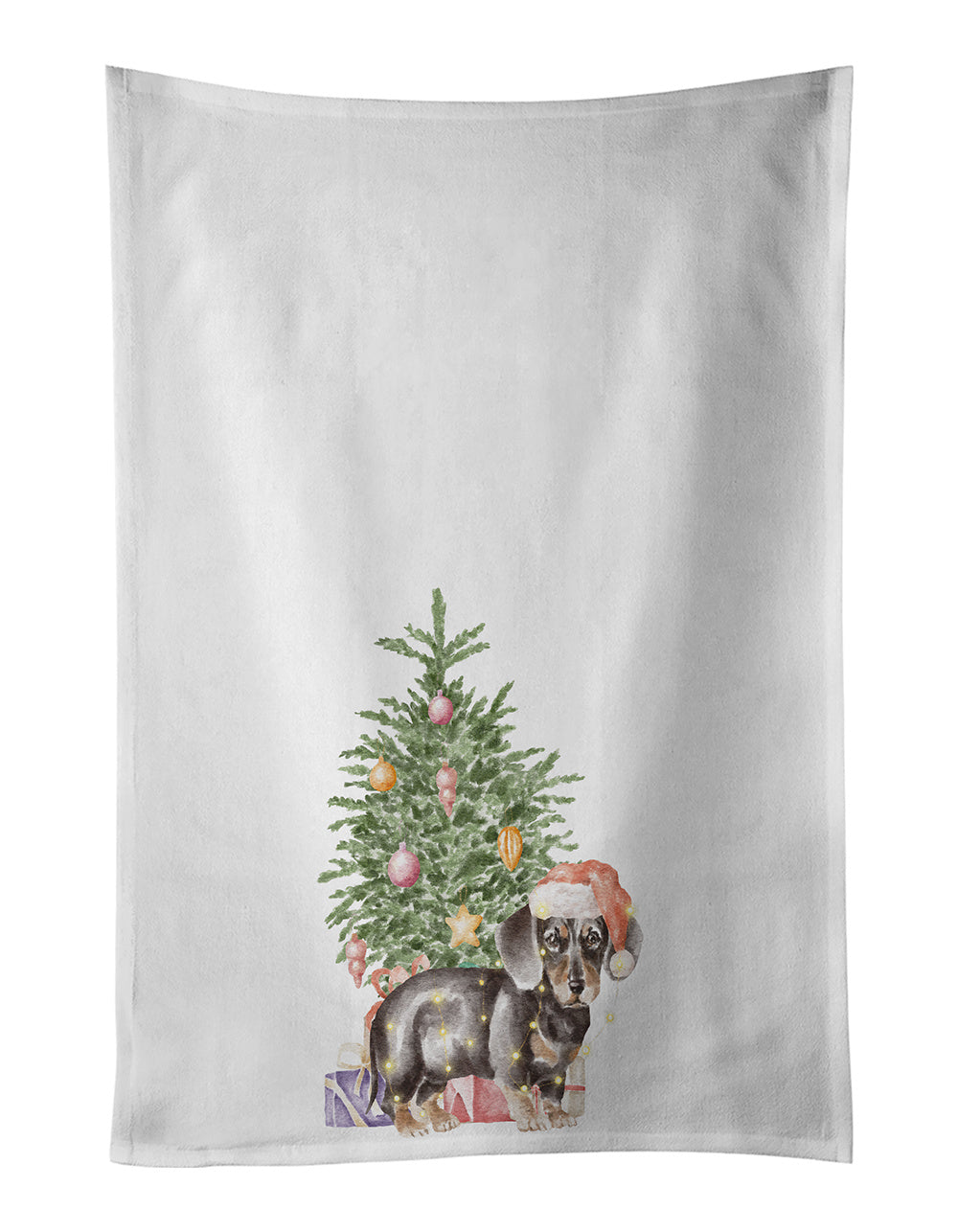 NEW Dachshund Black Tan Puppy Christmas Presents and Tree Kitchen Towel Set of 2 White Dish Towels Decorative Bathroom Hand towel for Hand, Face, Hair, Yoga, Tea, Dishcloth, 19 X 28", White