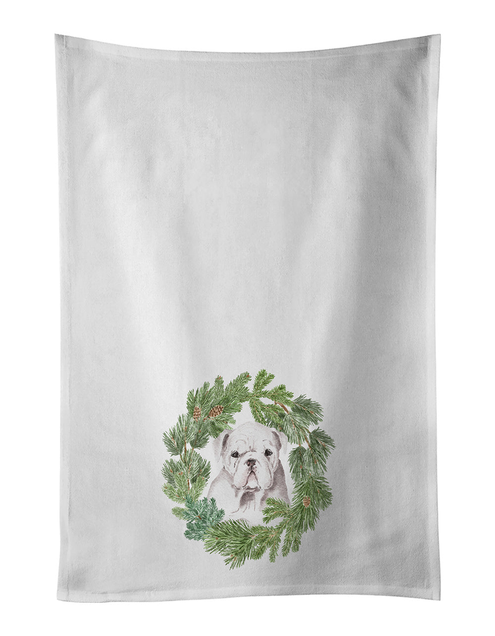 Bulldog Puppy White Christmas Wreath Kitchen Towel Set of 2 White Dish Towels Decorative Bathroom Hand towel for Hand, Face, Hair, Yoga, Tea, Dishcloth, 19 X 28", White