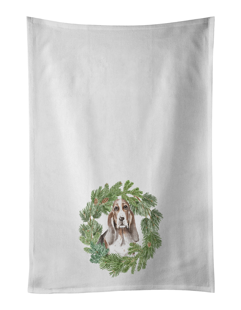 Basset Hound Tricolor Christmas Wreath Kitchen Towel Set of 2 White Dish Towels Decorative Bathroom Hand towel for Hand, Face, Hair, Yoga, Tea, Dishcloth, 19 X 28", White