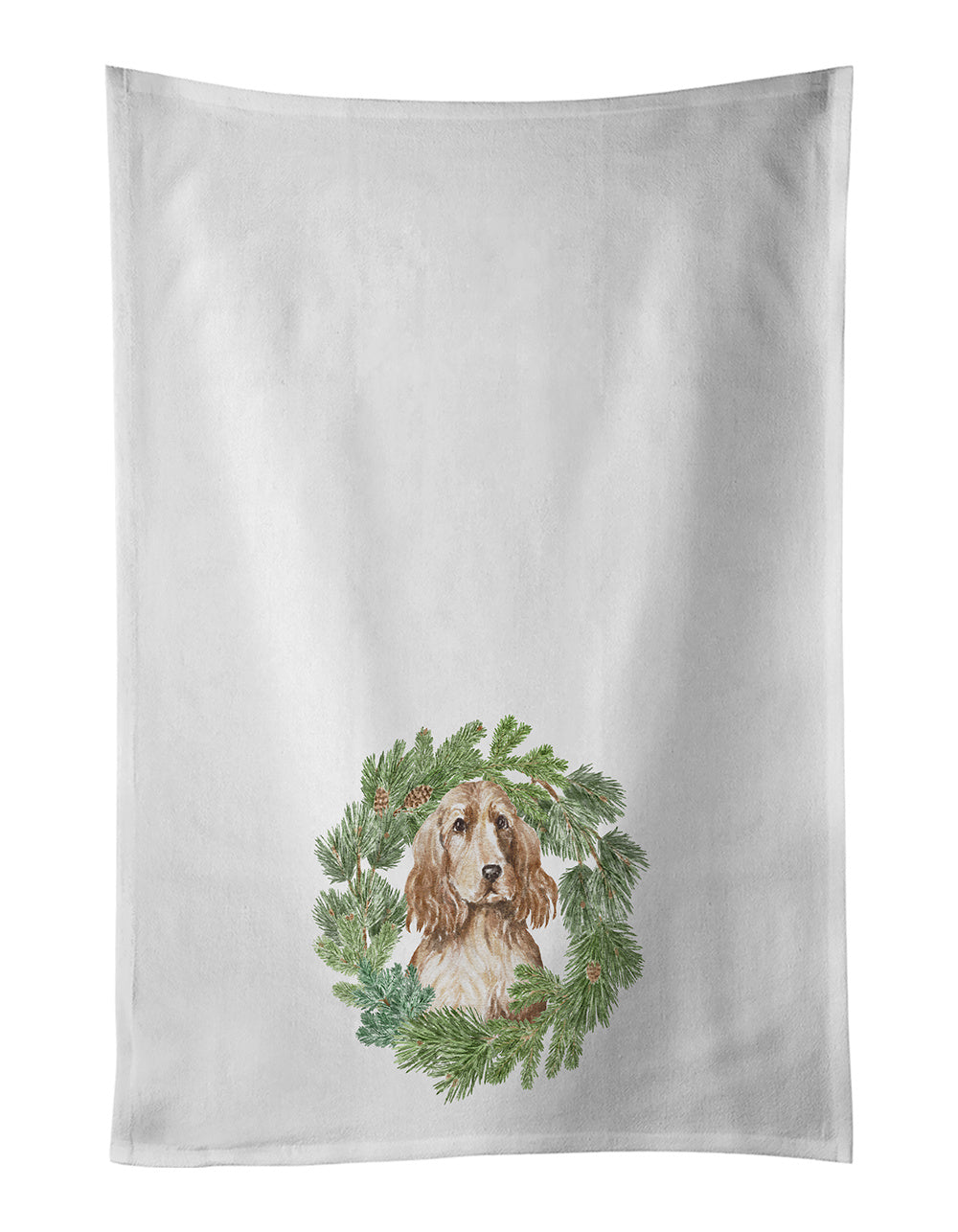 NEW Cocker Spaniel Golden Christmas Wreath Kitchen Towel Set of 2 White Dish Towels Decorative Bathroom Hand towel for Hand, Face, Hair, Yoga, Tea, Dishcloth, 19 X 28", White