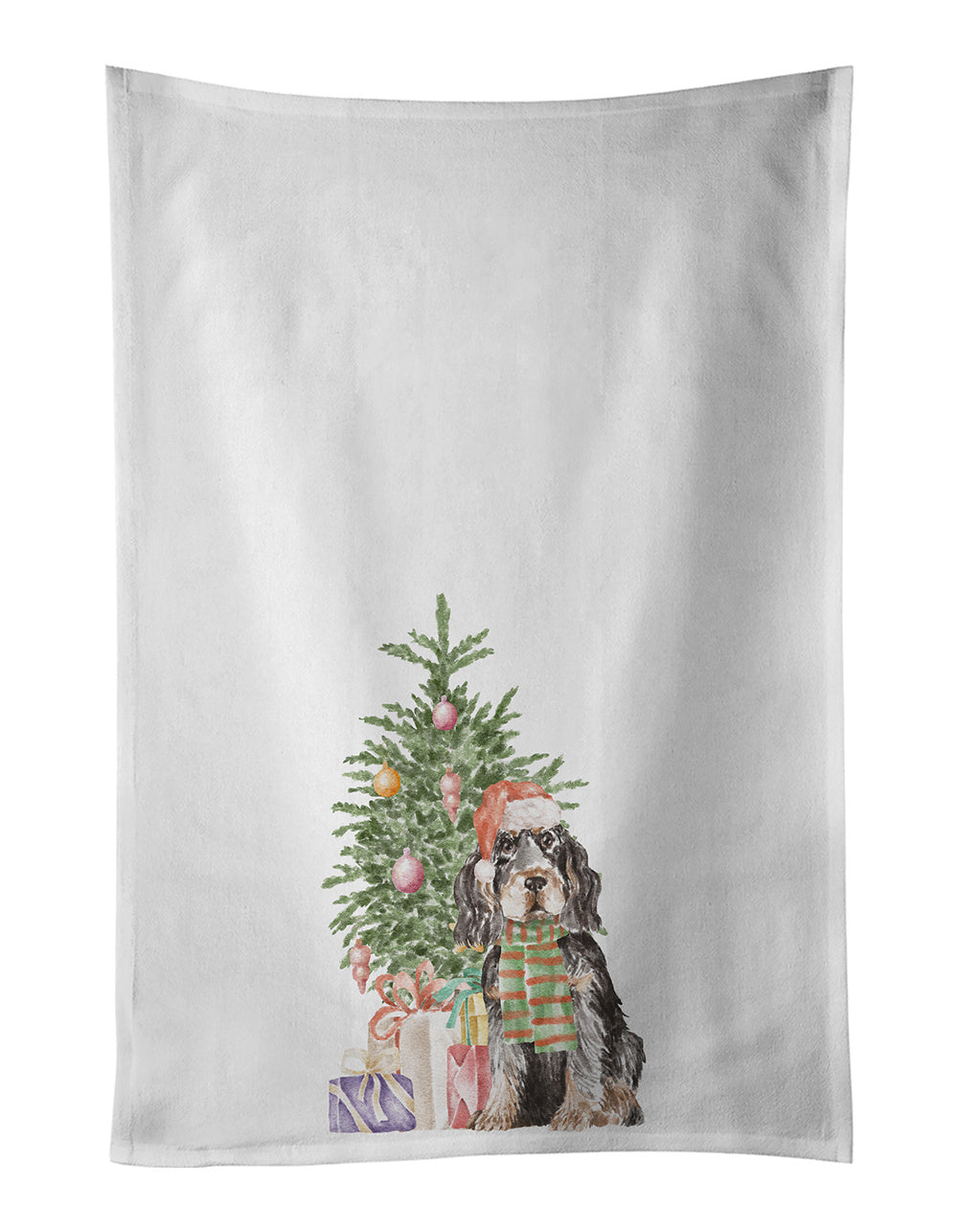 NEW Cocker Spaniel English Black Tan Christmas Presents and Tree Kitchen Towel Set of 2 White Dish Towels Decorative Bathroom Hand towel for Hand, Face, Hair, Yoga, Tea, Dishcloth, 19 X 28", White