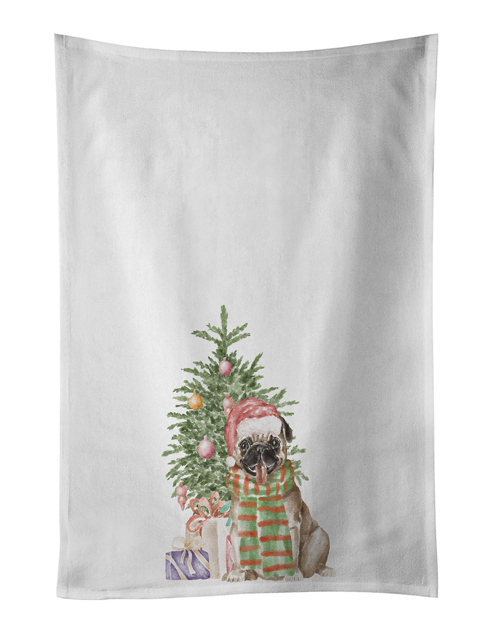 NEW Pug Fawn Christmas Presents and Tree Kitchen Towel Set of 2 White Dish Towels Decorative Bathroom Hand towel for Hand, Face, Hair, Yoga, Tea, Dishcloth, 19 X 28", White