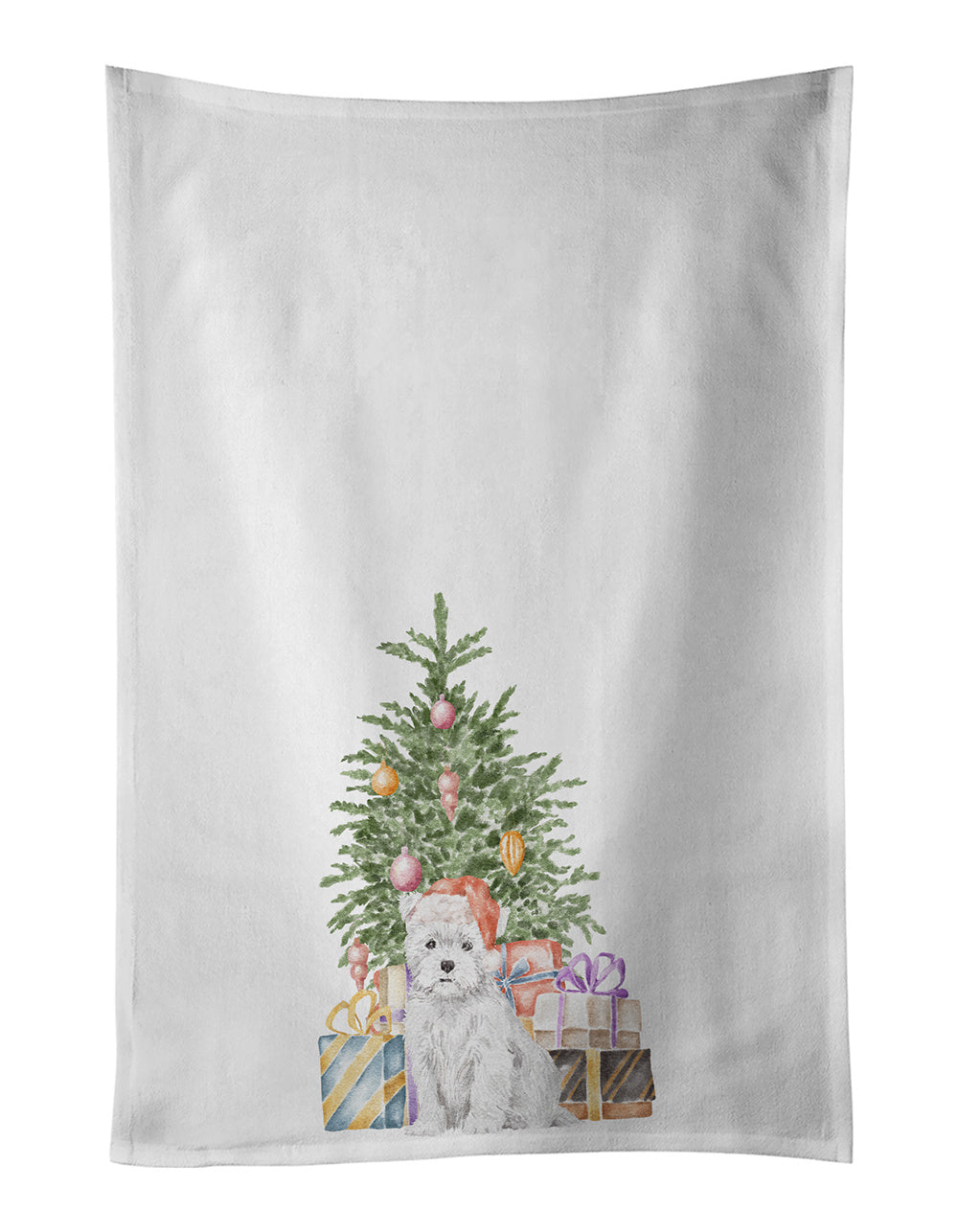 NEW West Highland White Terrier Puppy Christmas Presents and Tree Kitchen Towel Set of 2 White Dish Towels Decorative Bathroom Hand towel for Hand, Face, Hair, Yoga, Tea, Dishcloth, 19 X 28", White