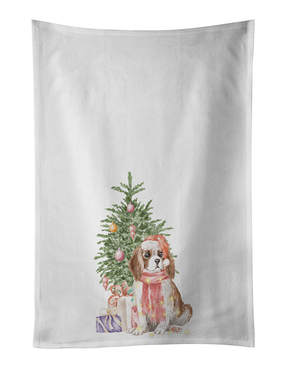 Cavalier Spaniel Tricolor Blenheim Puppy Christmas Presents and Tree Kitchen Towel Set of 2 White Dish Towels Decorative Bathroom Hand towel for Hand, Face, Hair, Yoga, Tea, Dishcloth, 19 X 28", White