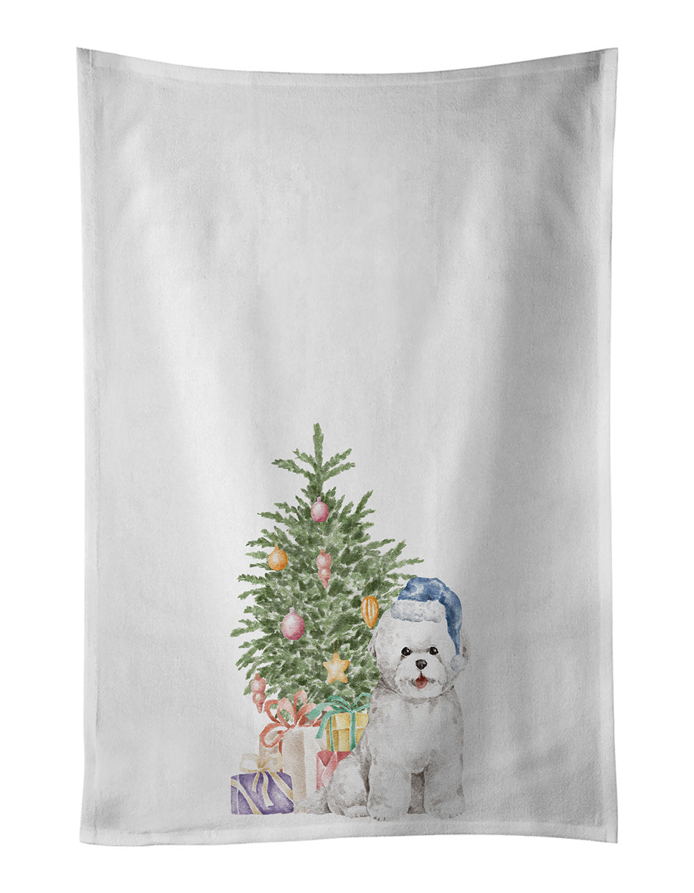 NEW Bichon Frise Blue Hat Christmas Presents and Tree Kitchen Towel Set of 2 White Dish Towels Decorative Bathroom Hand towel for Hand, Face, Hair, Yoga, Tea, Dishcloth, 19 X 28", White