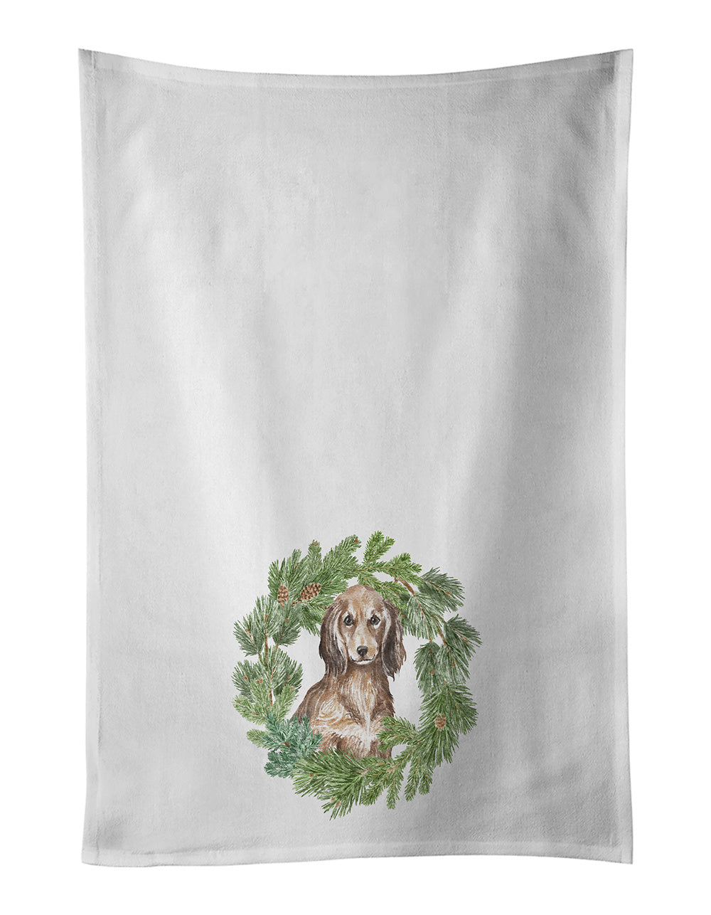 NEW Dachshund Sable Longhaired Christmas Wreath Kitchen Towel Set of 2 White Dish Towels Decorative Bathroom Hand towel for Hand, Face, Hair, Yoga, Tea, Dishcloth, 19 X 28", White