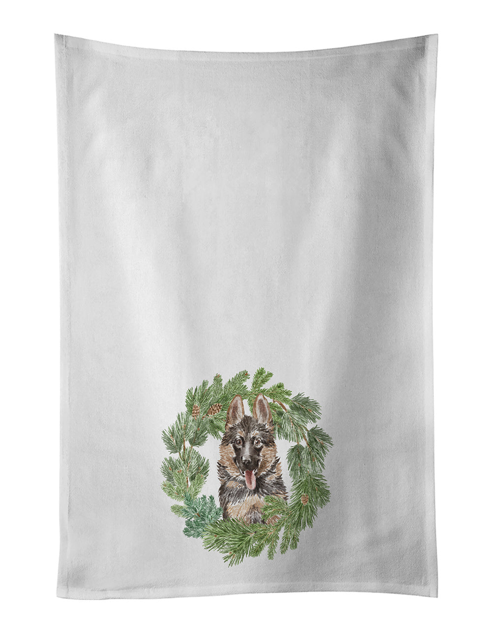 NEW German Shepherd Puppy Smiling Christmas Wreath Kitchen Towel Set of 2 White Dish Towels Decorative Bathroom Hand towel for Hand, Face, Hair, Yoga, Tea, Dishcloth, 19 X 28", White