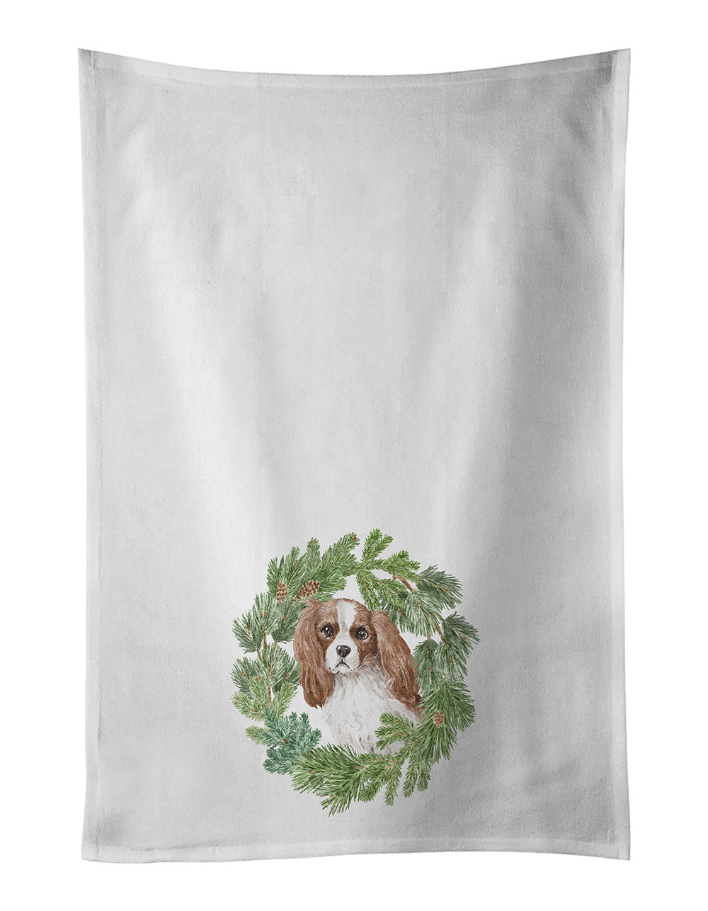 NEW Cavalier Spaniel Blenheim Christmas Wreath Kitchen Towel Set of 2 White Dish Towels Decorative Bathroom Hand towel for Hand, Face, Hair, Yoga, Tea, Dishcloth, 19 X 28", White