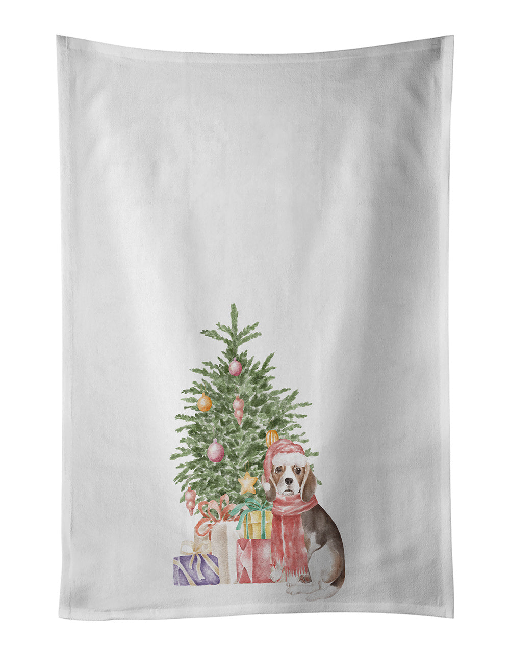 NEW Beagle Puppy Christmas Presents and Tree Kitchen Towel Set of 2 White Dish Towels Decorative Bathroom Hand towel for Hand, Face, Hair, Yoga, Tea, Dishcloth, 19 X 28", White