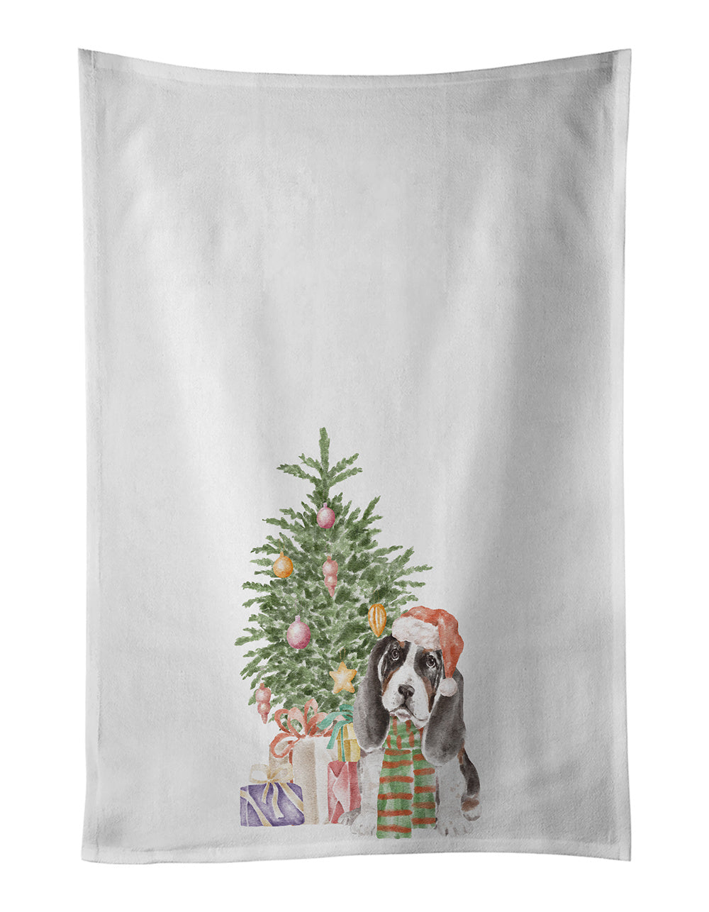 NEW Basset Hound Puppy Christmas Presents and Tree Kitchen Towel Set of 2 White Dish Towels Decorative Bathroom Hand towel for Hand, Face, Hair, Yoga, Tea, Dishcloth, 19 X 28", White