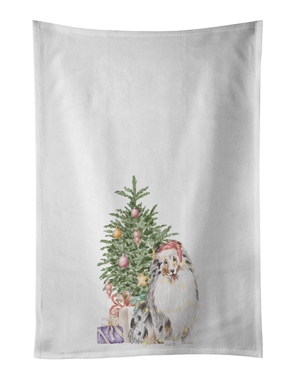 NEW Sheltie Merle Christmas Presents and Tree Kitchen Towel Set of 2 White Dish Towels Decorative Bathroom Hand towel for Hand, Face, Hair, Yoga, Tea, Dishcloth, 19 X 28", White