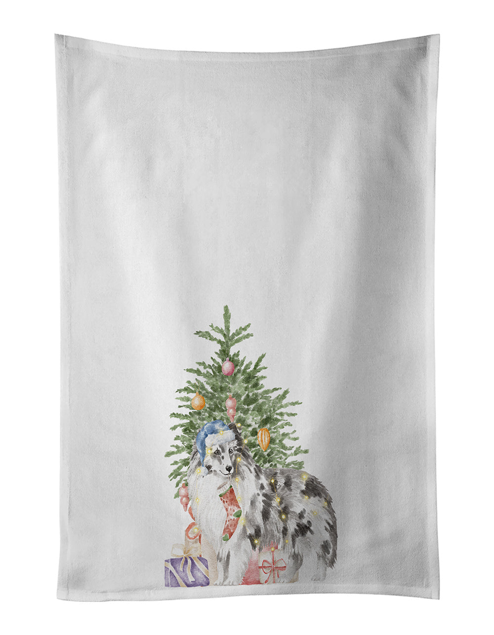 NEW Sheltie Blue Merle Christmas Presents and Tree Kitchen Towel Set of 2 White Dish Towels Decorative Bathroom Hand towel for Hand, Face, Hair, Yoga, Tea, Dishcloth, 19 X 28", White