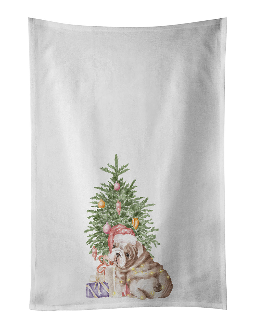 NEW Bulldog, English Bulldog Puppy Christmas Presents and Tree Kitchen Towel Set of 2 White Dish Towels Decorative Bathroom Hand towel for Hand, Face, Hair, Yoga, Tea, Dishcloth, 19 X 28", White