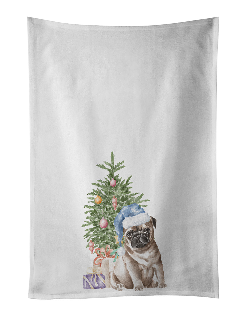 NEW Pug Fawn Puppy Christmas Presents and Tree Kitchen Towel Set of 2 White Dish Towels Decorative Bathroom Hand towel for Hand, Face, Hair, Yoga, Tea, Dishcloth, 19 X 28", White