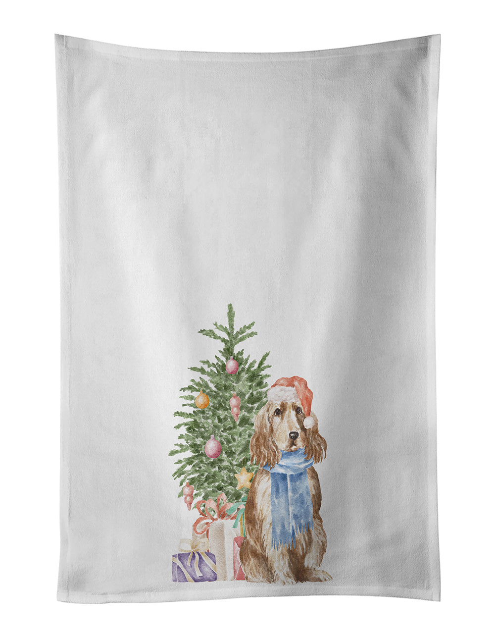 NEW Cocker Spaniel English Tan Christmas Presents and Tree Kitchen Towel Set of 2 White Dish Towels Decorative Bathroom Hand towel for Hand, Face, Hair, Yoga, Tea, Dishcloth, 19 X 28", White