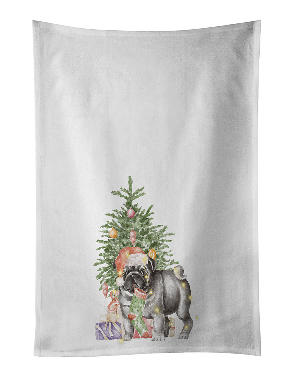 NEW Pug Black #2 Christmas Presents and Tree Kitchen Towel Set of 2 White Dish Towels Decorative Bathroom Hand towel for Hand, Face, Hair, Yoga, Tea, Dishcloth, 19 X 28", White