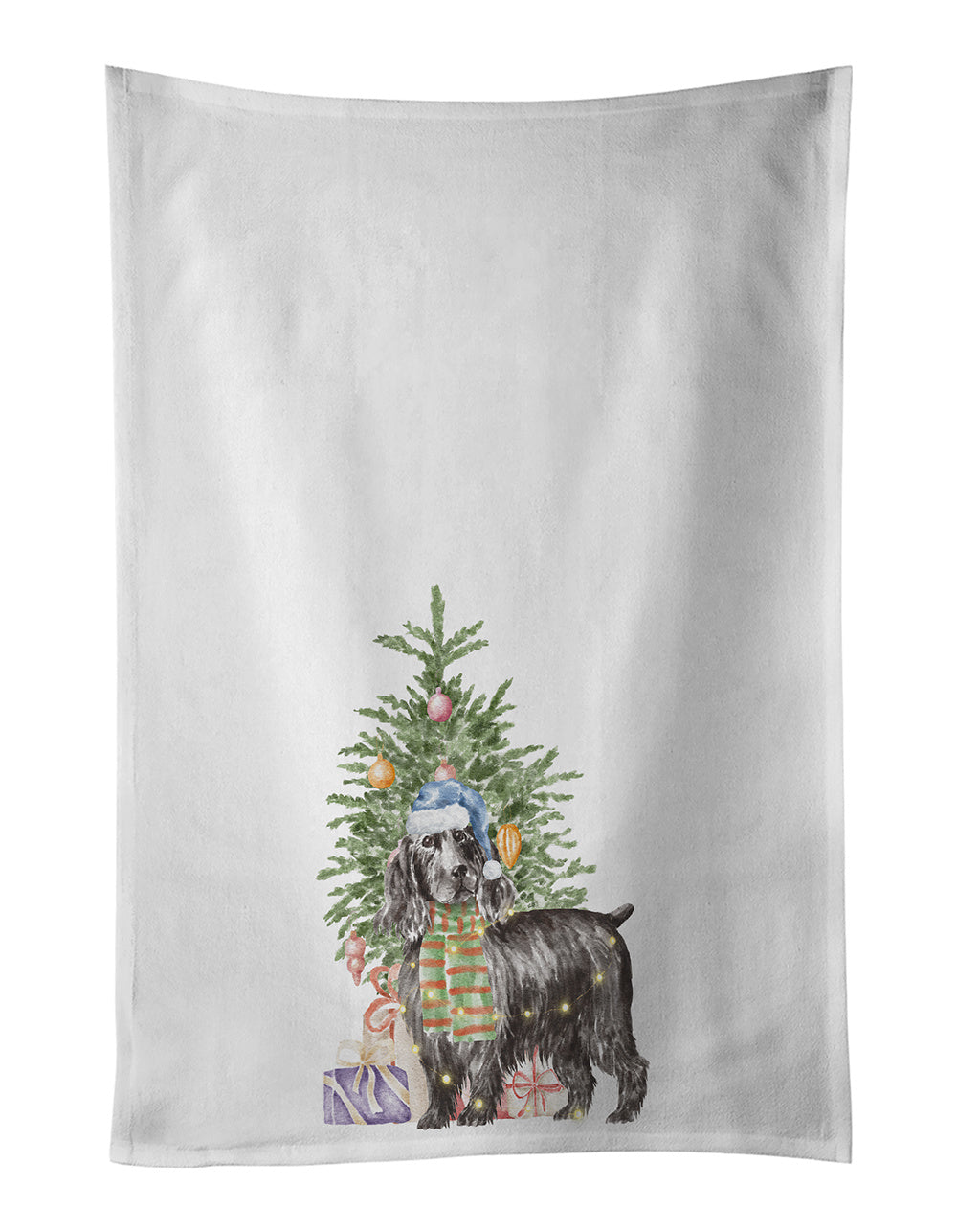 NEW Cocker Spaniel English Black Christmas Presents and Tree Kitchen Towel Set of 2 White Dish Towels Decorative Bathroom Hand towel for Hand, Face, Hair, Yoga, Tea, Dishcloth, 19 X 28", White