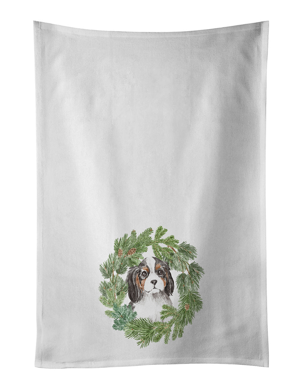 Cavalier Spaniel Puppy Tricolor Christmas Wreath Kitchen Towel Set of 2 White Dish Towels Decorative Bathroom Hand towel for Hand, Face, Hair, Yoga, Tea, Dishcloth, 19 X 28", White