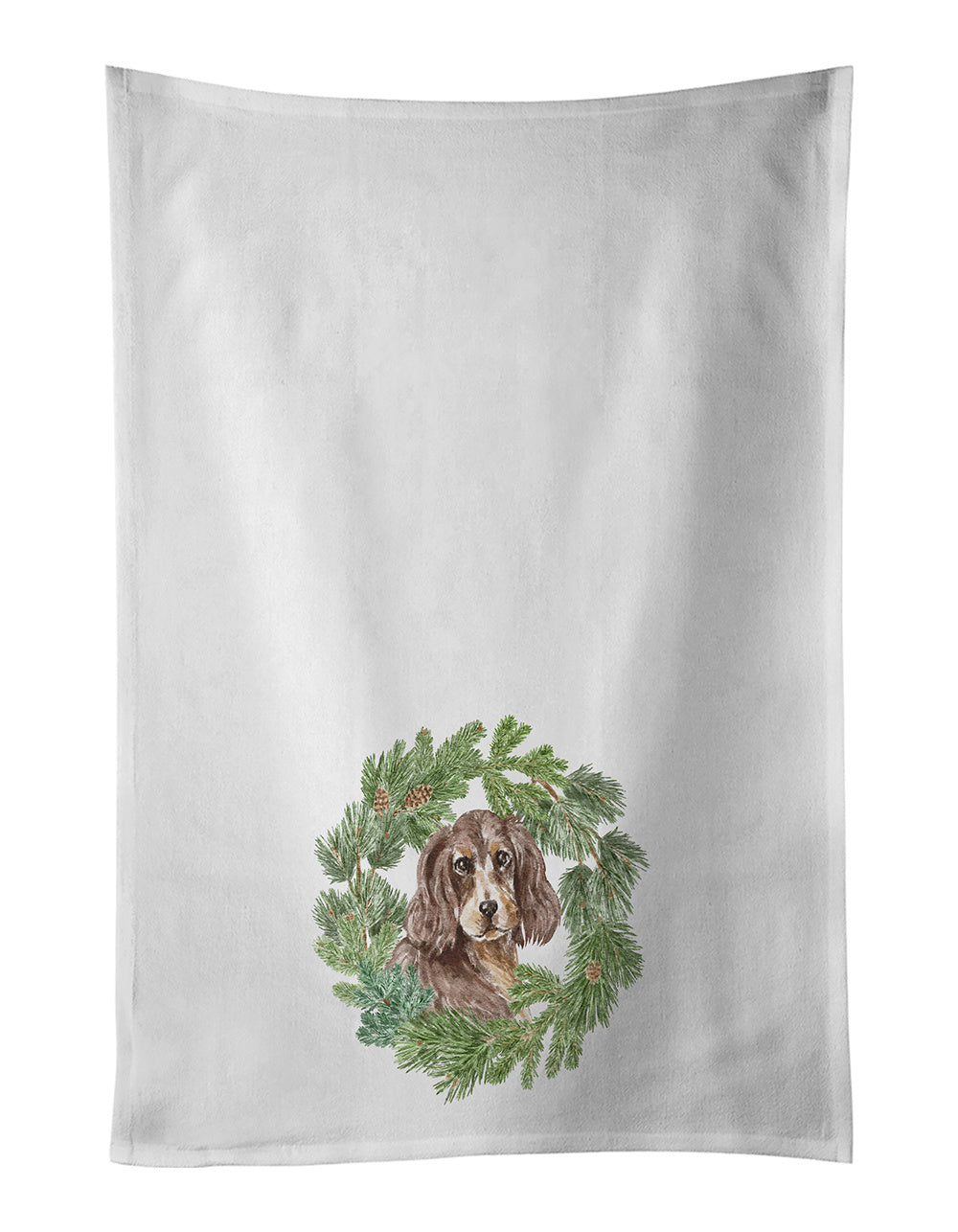 NEW Cocker Spaniel Liver and Tan Christmas Wreath Kitchen Towel Set of 2 White Dish Towels Decorative Bathroom Hand towel for Hand, Face, Hair, Yoga, Tea, Dishcloth, 19 X 28", White