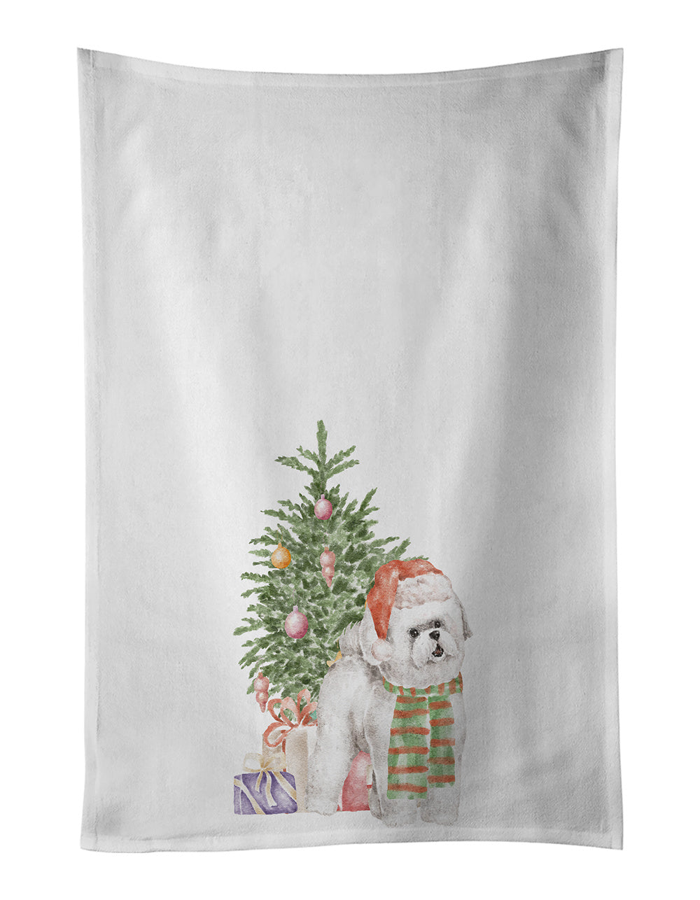 NEW Bichon Frise Red Hat Christmas Presents and Tree Kitchen Towel Set of 2 White Dish Towels Decorative Bathroom Hand towel for Hand, Face, Hair, Yoga, Tea, Dishcloth, 19 X 28", White