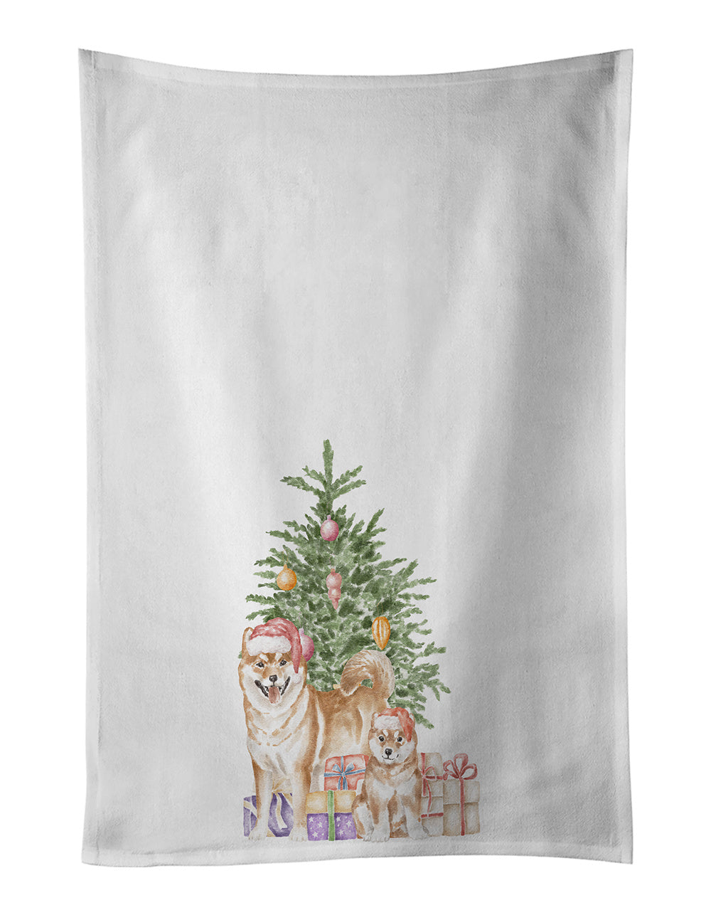 Shiba Inu Momma and Baby Christmas Presents and Tree Kitchen Towel Set of 2 White Dish Towels Decorative Bathroom Hand towel for Hand, Face, Hair, Yoga, Tea, Dishcloth, 19 X 28", White