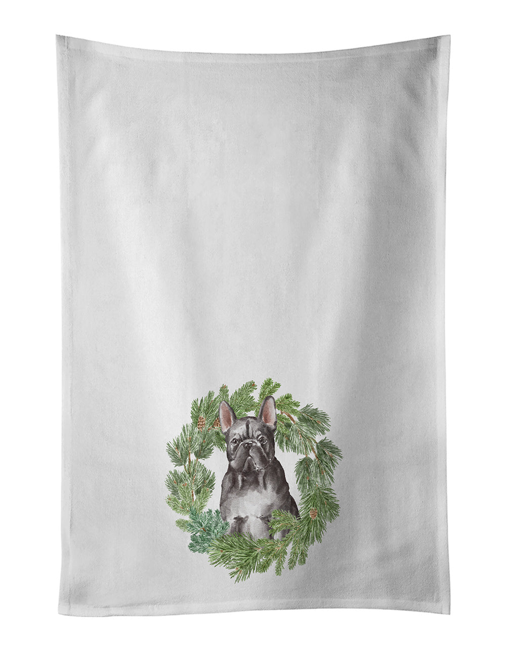 NEW French Bulldog Black Christmas Wreath Kitchen Towel Set of 2 White Dish Towels Decorative Bathroom Hand towel for Hand, Face, Hair, Yoga, Tea, Dishcloth, 19 X 28", White