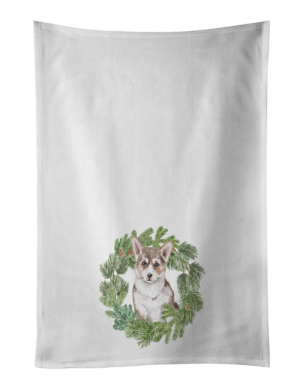 NEW Corgi Puppy Sable Christmas Wreath Kitchen Towel Set of 2 White Dish Towels Decorative Bathroom Hand towel for Hand, Face, Hair, Yoga, Tea, Dishcloth, 19 X 28", White