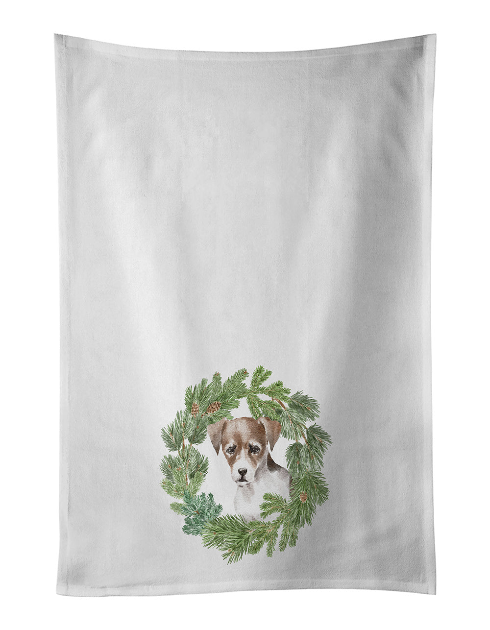 Jack Russell Terrier Puppy Tricolor Christmas Wreath Kitchen Towel Set of 2 White Dish Towels Decorative Bathroom Hand towel for Hand, Face, Hair, Yoga, Tea, Dishcloth, 19 X 28", White