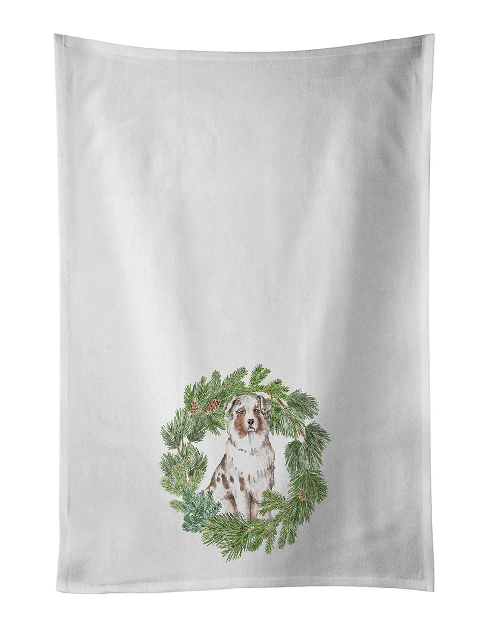 NEW Australian Shepherd Red Merle Christmas Wreath Kitchen Towel Set of 2 White Dish Towels Decorative Bathroom Hand towel for Hand, Face, Hair, Yoga, Tea, Dishcloth, 19 X 28", White