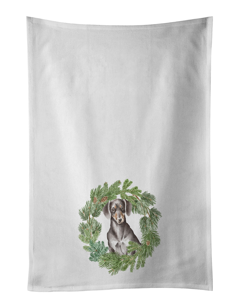 NEW Dachshund Black and Tan Christmas Wreath Kitchen Towel Set of 2 White Dish Towels Decorative Bathroom Hand towel for Hand, Face, Hair, Yoga, Tea, Dishcloth, 19 X 28", White