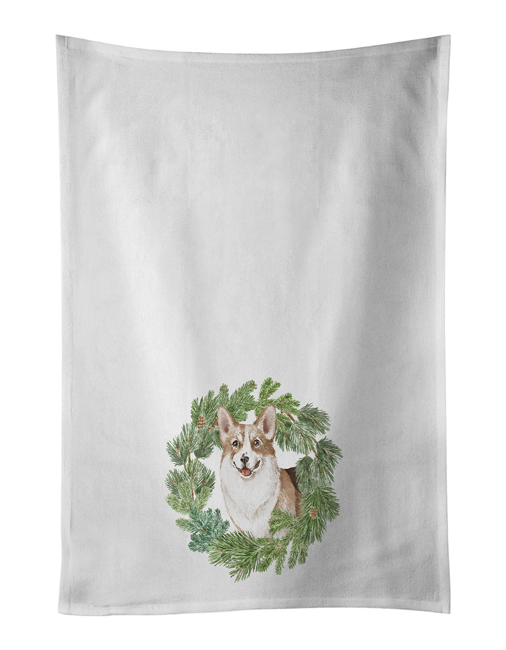 NEW Corgi Tricolor Smiling Christmas Wreath Kitchen Towel Set of 2 White Dish Towels Decorative Bathroom Hand towel for Hand, Face, Hair, Yoga, Tea, Dishcloth, 19 X 28", White