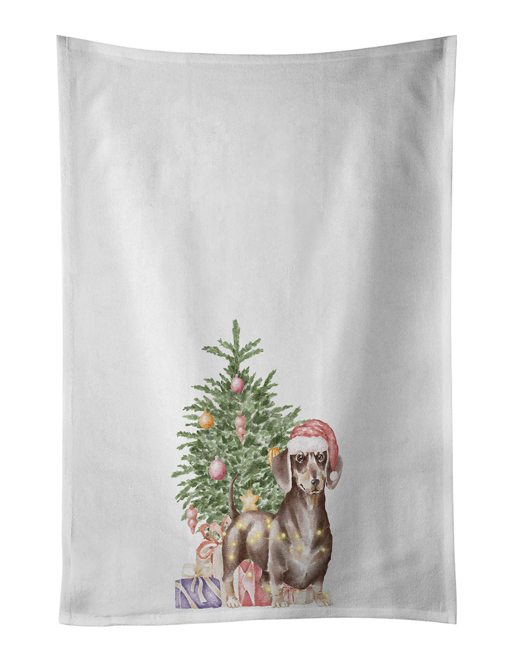 NEW Dachshund Chocolate Tan Christmas Presents and Tree Kitchen Towel Set of 2 White Dish Towels Decorative Bathroom Hand towel for Hand, Face, Hair, Yoga, Tea, Dishcloth, 19 X 28", White