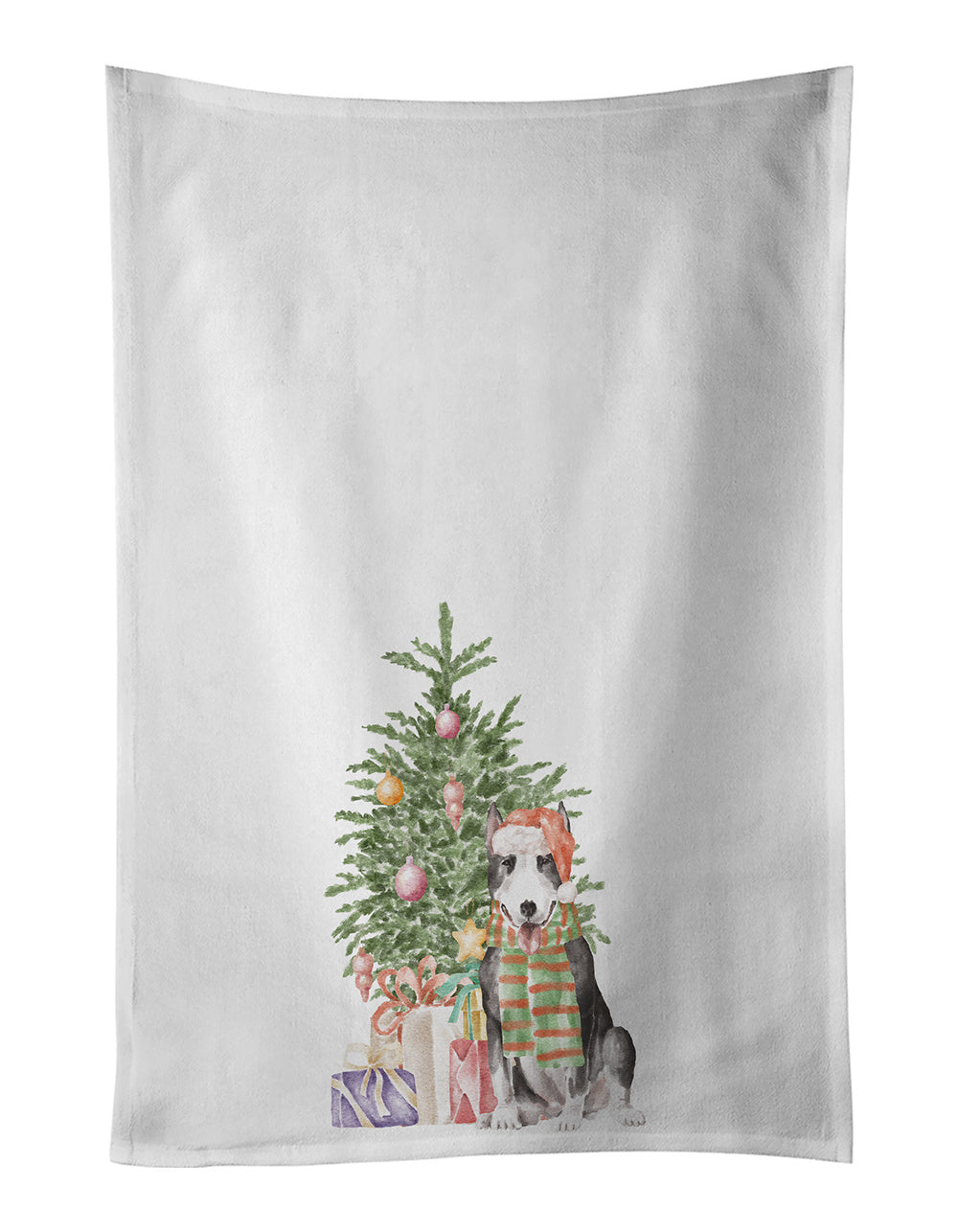 NEW Bull Terrier Black Christmas Presents and Tree Kitchen Towel Set of 2 White Dish Towels Decorative Bathroom Hand towel for Hand, Face, Hair, Yoga, Tea, Dishcloth, 19 X 28", White