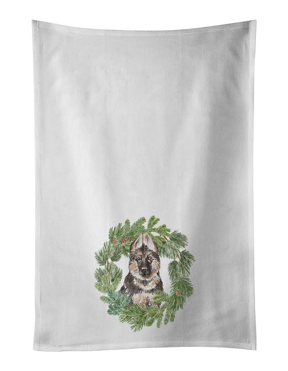 NEW German Shepherd Puppy Christmas Wreath Kitchen Towel Set of 2 White Dish Towels Decorative Bathroom Hand towel for Hand, Face, Hair, Yoga, Tea, Dishcloth, 19 X 28", White